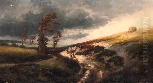 Travellers on a path in a stormy landscape Oil Painting by Julien Dupre