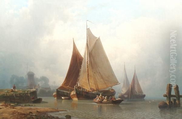 Vessels In An Estuary At Low Tide 'h. Mevius. 1862' (lower Right) Oil Painting by Hermann Mevius