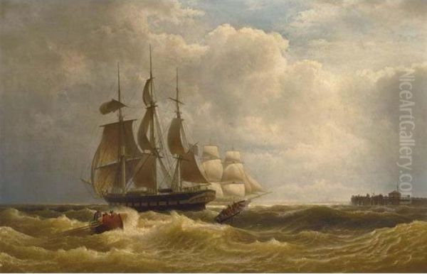 Tall Ships Off The Coast Oil Painting by Hermann Mevius