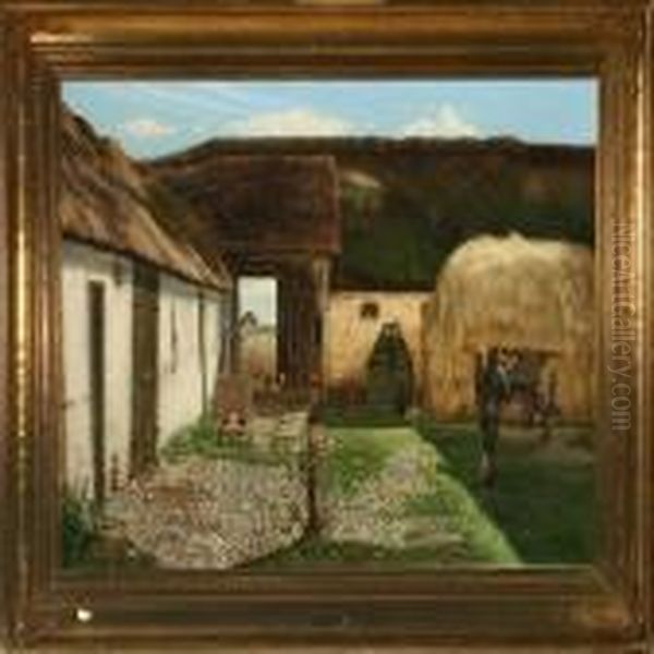 Fowls And Farmer With Wagon In The Courtyard Oil Painting by Carl Vilhelm Meyer