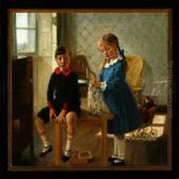 Brother And Sister Areplaying In The Living Room Oil Painting by Carl Vilhelm Meyer