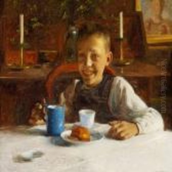 A Happy Boy At The Breakfast Table Oil Painting by Carl Vilhelm Meyer