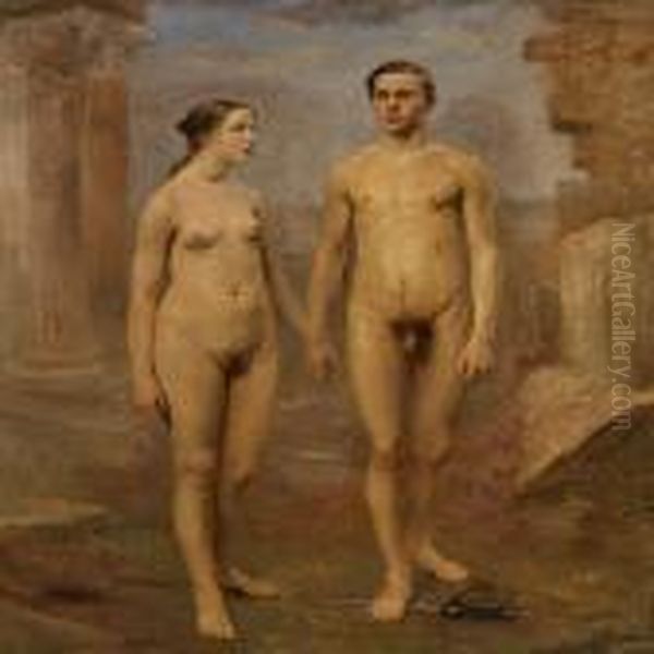 A Naked Man And Woman Standing Among Ruins Oil Painting by Carl Vilhelm Meyer