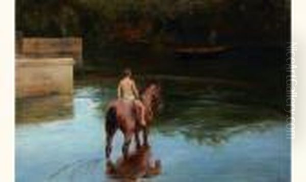 Cavalier Dans La Riviere Oil Painting by Emile Meyer