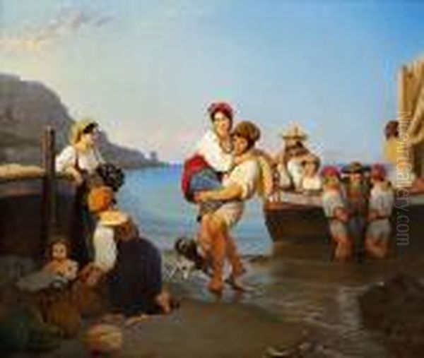 A Young Italian Woman Is Carried Ashore By A Young Neapolitan Fisherman Oil Painting by Ernst Meyer