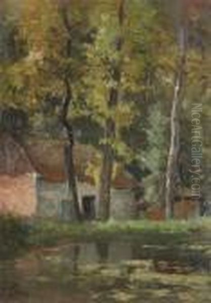 Landscape With Farmhouse Near The Water Oil Painting by Isidore Meyer