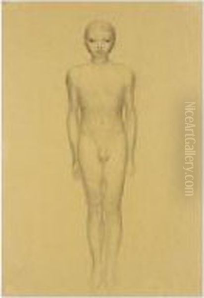 Knabenakt In Ganzer Figur, En Face (young Male Full-figure Nude, Facing) Oil Painting by Otto Friedrich Meyer-Amden