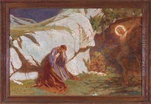 Judas Ischarioth Bricht In Einer Felsenschlucht Vor Der Vision Des Gekreuzigten Zusammen Oil Painting by Kunz Meyer-Waldeck