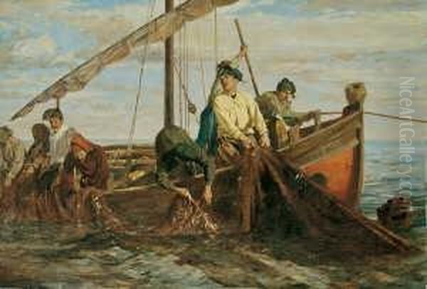 Fischer Beim Einholen Der Netze.
 Signiert Unten Links: Kunz-meyer. Ol Auf Leinwand. H 62; B 91 Cm. Oil Painting by Kunz Meyer-Waldeck