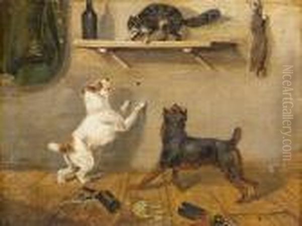 Zwei Hunde, Eine Auf Flaschenbord Gefluchtete Katze Verbellend Oil Painting by Paul Friedrich Meyerheim