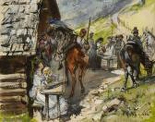 Rast Vor Der Almhutte. Oil Painting by Paul Friedrich Meyerheim