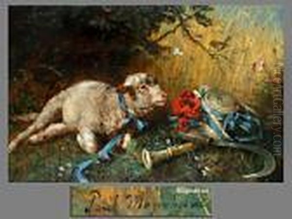 Liegendes Lamm Mit Blauem Band Neben Strohhut Oil Painting by Paul Friedrich Meyerheim