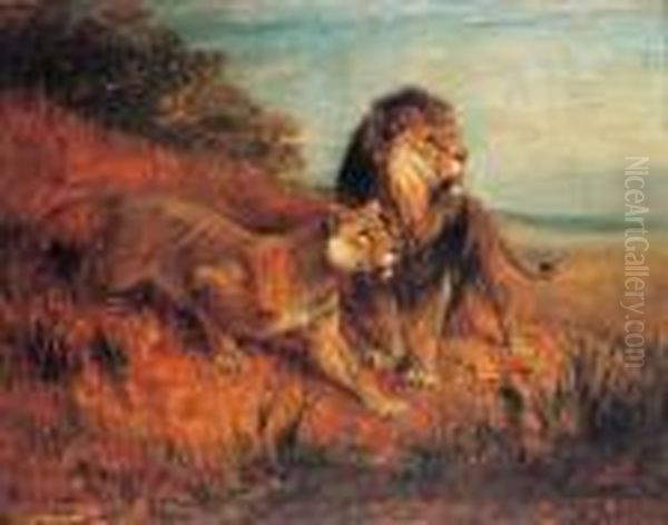 Lion And Lioness Oil Painting by Paul Friedrich Meyerheim