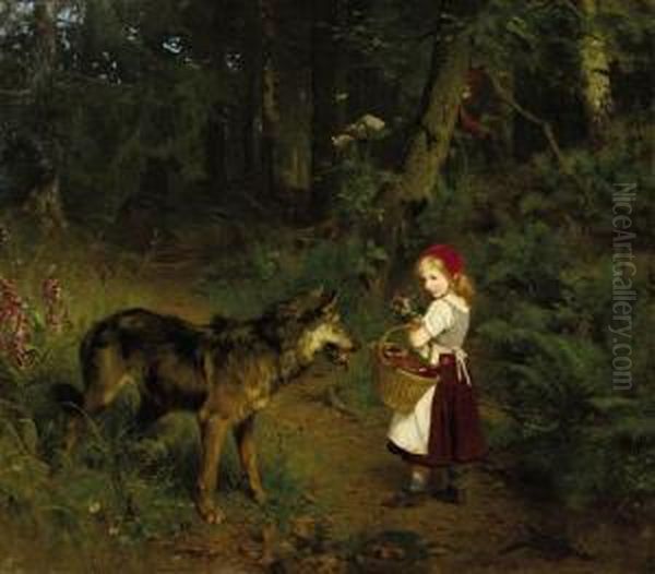 Rotkappchen Im Walde: Little Red Ridinghood Oil Painting by Paul Friedrich Meyerheim