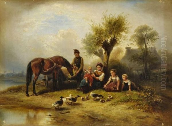 Rastende Bauernfamilie Mit Enten Oil Painting by Wilhelm Alexander Meyerheim