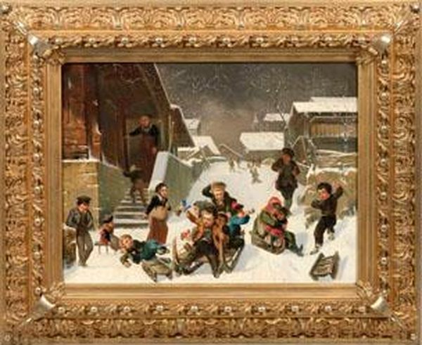 Verschneites Suddeutsches Dorf Mit Schlitten Fahrenden Kindern Oil Painting by Wilhelm Alexander Meyerheim