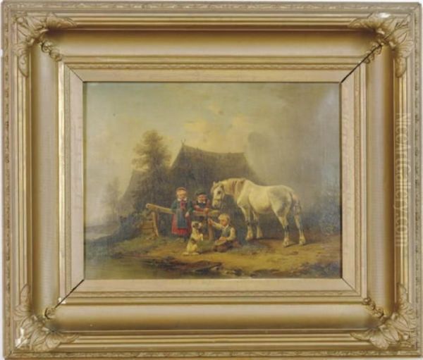 Children Playing In A Farmyard With Their Pets Oil Painting by Wilhelm Alexander Meyerheim