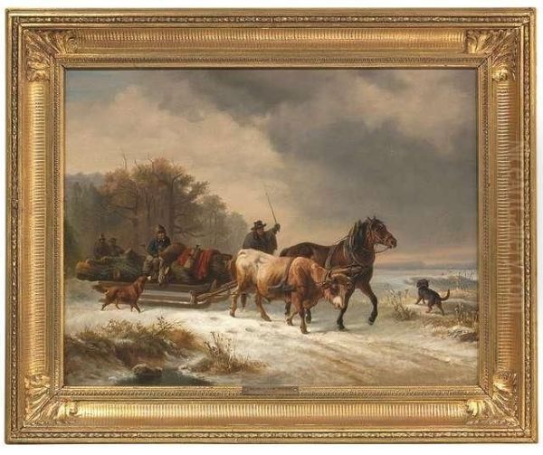 Wintry Landscape With A Carriage Drawn By A Horse And An Ox Oil Painting by Wilhelm Alexander Meyerheim