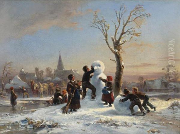 Children Building A Snowman Oil Painting by Wilhelm Alexander Meyerheim