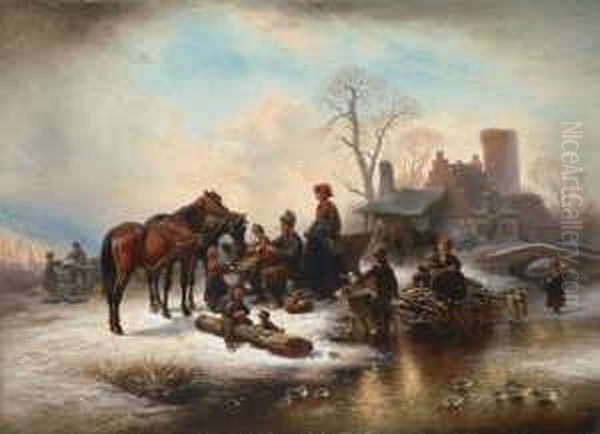 Winterlandschaft Mit 
Reisigsammlern Und Holzsagenden Kindern. Signiert Unten Links: W. 
Meyerheim. Ol Auf Leinwand, Auf Holz Aufgezogen. H 70; B 97 Cm. Oil Painting by Wilhelm Alexander Meyerheim