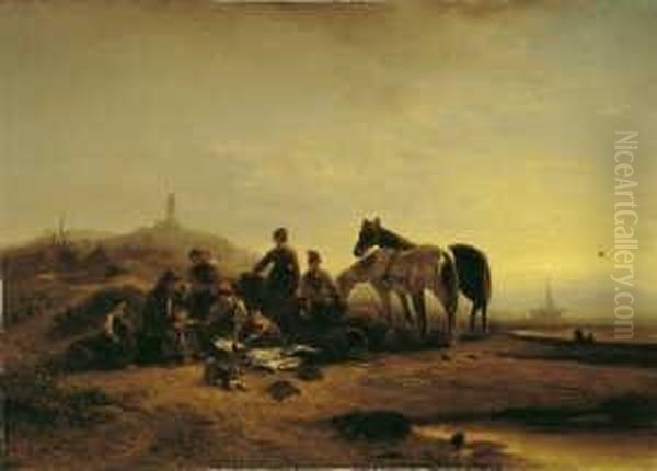 Fischer Am Strand Beim Entladen 
Und Sichten Des Fischfangs. Signiert Unten Links: W. Meyerheim. Ol Auf 
Leinwand (doubliert). H 69; B 96 Cm. Oil Painting by Wilhelm Alexander Meyerheim