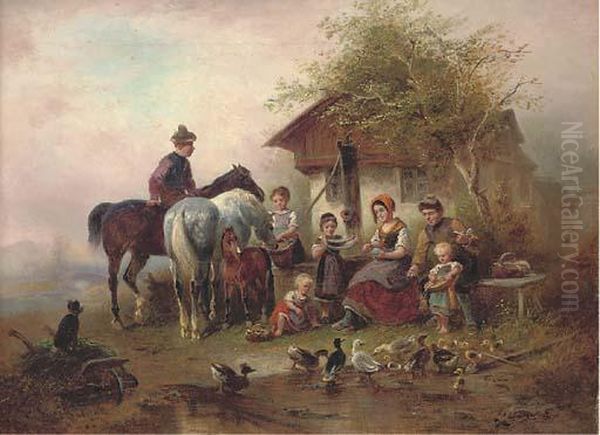 A Family Before A Country Cottage Oil Painting by Wilhelm Alexander Meyerheim