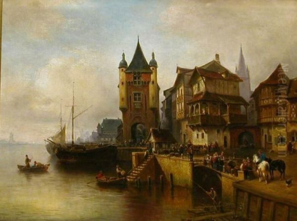 Bustling Dutch Port Oil Painting by Wilhelm Alexander Meyerheim