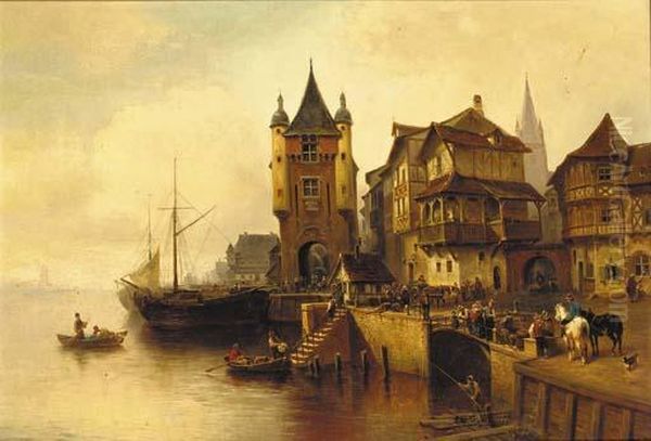 A Busy Dutch Port Oil Painting by Wilhelm Alexander Meyerheim