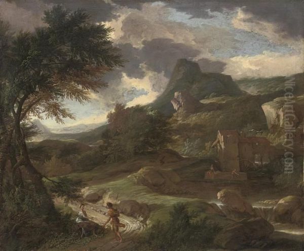 A Mountainous Wooded Landscape 
With A Shepherd And A Shepherdess Ona Track, A Mill Beyond Oil Painting by Aelbert Meyeringh