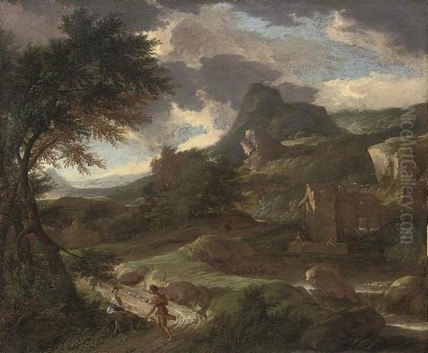 A Mountainous Landscape With A Shepherd And A Shepherdess On A Track, A Mill Beyond Oil Painting by Aelbert Meyeringh