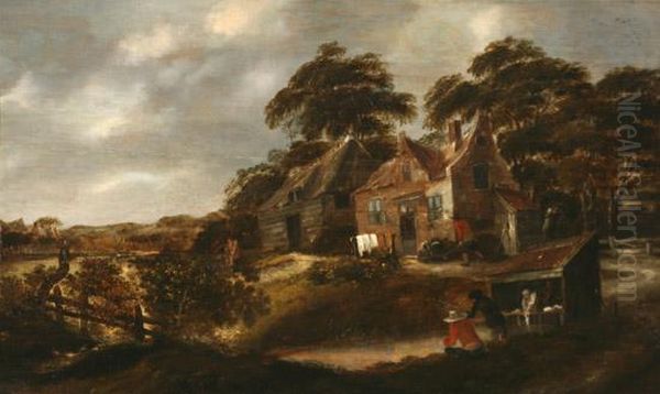 Cottages In A River Landscape Oil Painting by Aelbert Meyeringh