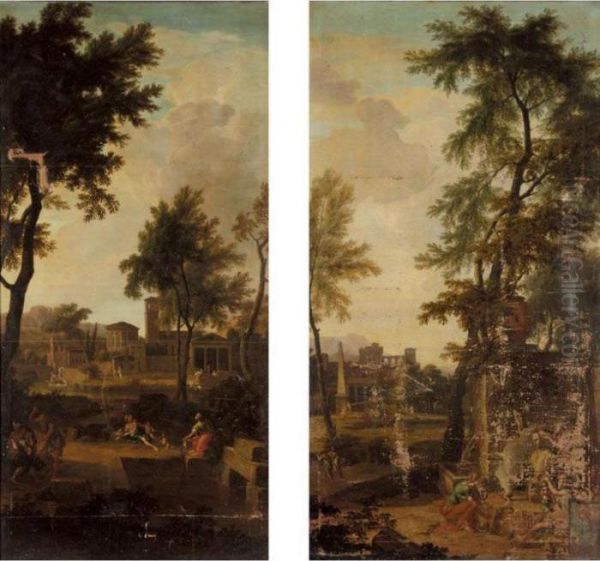 A Classical Landscape With Three
 Maidens Bringing Gifts To A Roman Memorial; A Classical Landscape With 
An Imaginary Townscape And Figures In The Foreground Oil Painting by Aelbert Meyeringh