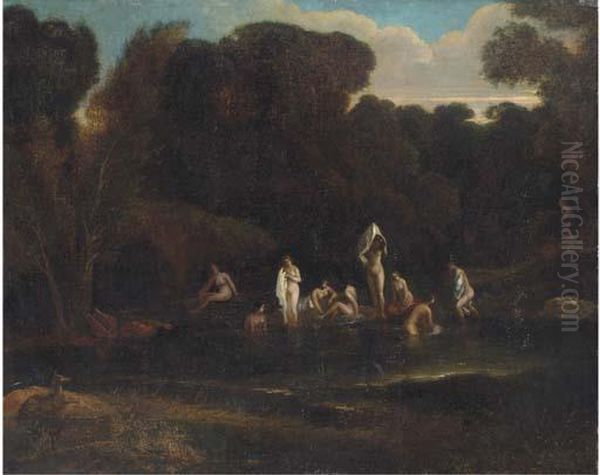 A Landscape With Nymphs Bathing At A Wooded Pool Oil Painting by Aelbert Meyeringh