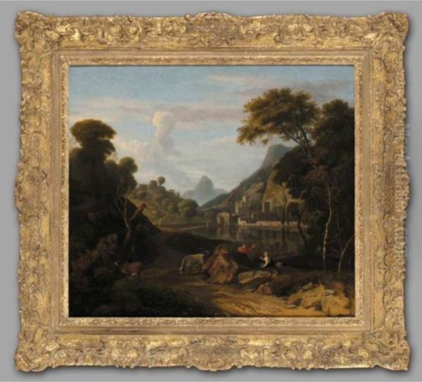 An Italianate River Landscape 
With A Cowherd Conversing With A Shepherdess By A Sandy Track, A 
Monastery Beyond Oil Painting by Aelbert Meyeringh