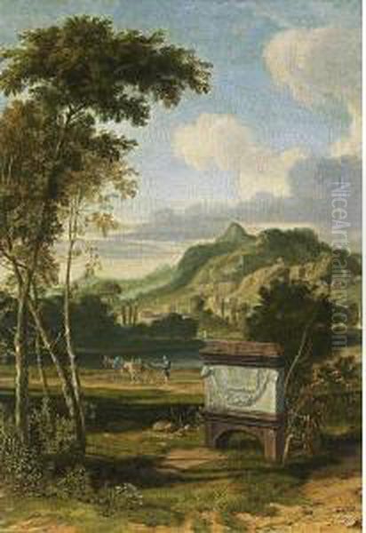 An Arcadian Landscape With A 
Tomb In The Foreground And A Traveller With His Donkeys Walking Along A 
River Oil Painting by Aelbert Meyeringh