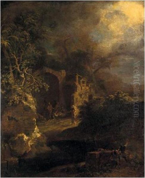 A Landscape With Ruins By Night, With The Adoration Of The Shepherds Oil Painting by Aelbert Meyeringh