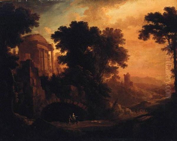 An Italianate Landscape With Herders On A Track By A Ruined Templeat Dusk Oil Painting by Aelbert Meyeringh