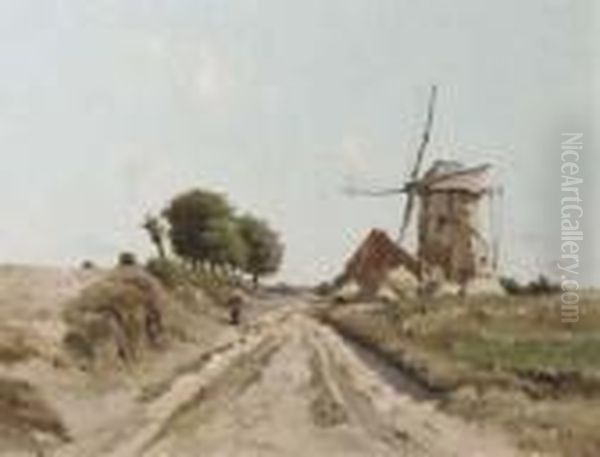 A Peasant Woman Passing A Windmill On A Sunny Day Oil Painting by Isidore Meyers