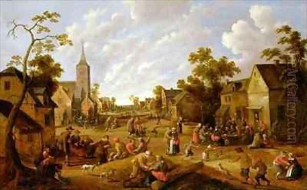 A crowded market place with revellers before a tavern Oil Painting by Joost Cornelisz. Droochsloot