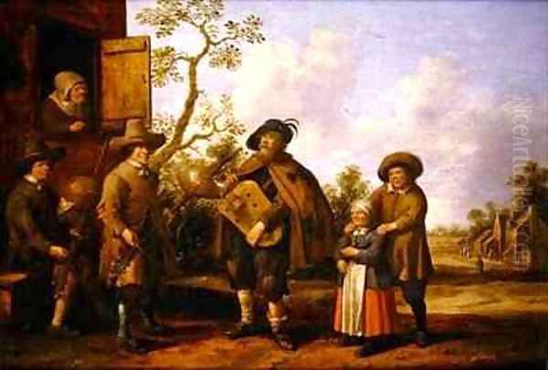 A Hurdy Gurdy Player and other Musicians before a Cottage Oil Painting by Joost Cornelisz. Droochsloot