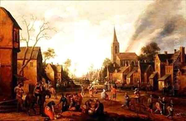 Soldiers looting a village Oil Painting by Joost Cornelisz. Droochsloot