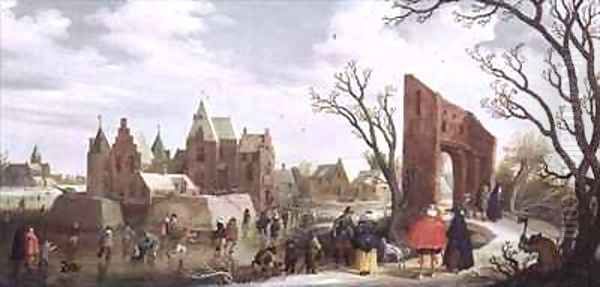 Skaters in a Winter Landscape Oil Painting by Joost Cornelisz. Droochsloot