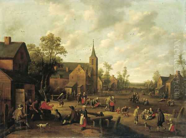 A village scene with peasants playing and conversing Oil Painting by Joost Cornelisz. Droochsloot