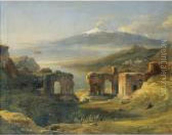 Vue Du Theatre De Taormine [view
 Of The Theatre Of Taormina (sicily); Oil On Canvas, Signed, Located And
 Dated Geneve 1821] Oil Painting by Achille-Etna Michallon