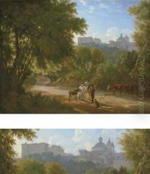 A Valley In The Alban Hills With
 Travelers On A Road, A View Of The Chigi Palace And Santa Maria 
Dell'assunta Beyond Oil Painting by Achille-Etna Michallon