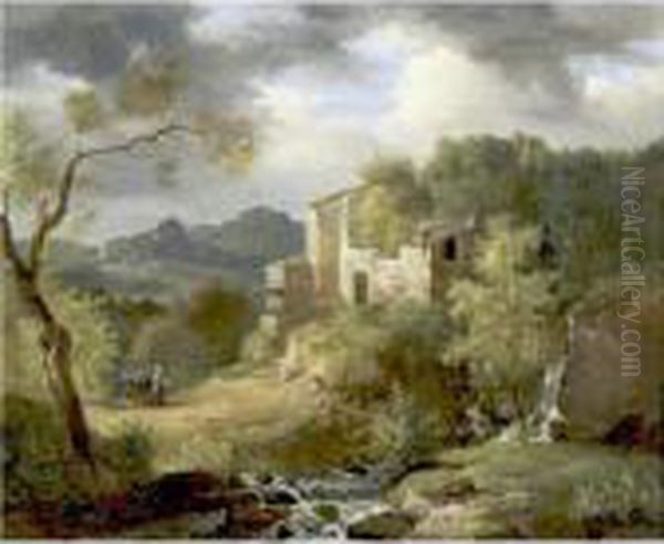 Italianate Landscape With Figures On A Path Near Ruins Oil Painting by Achille-Etna Michallon