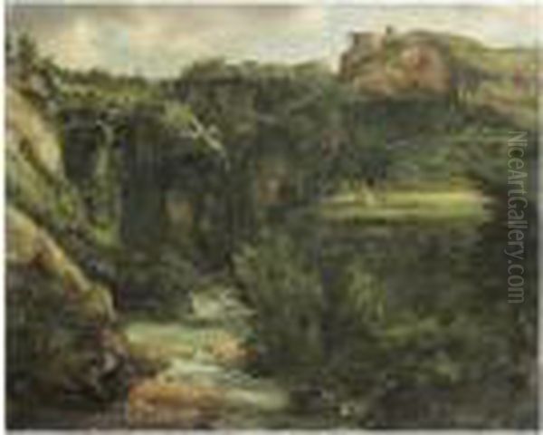 Paysans Romains Au Pied De La Cascade De Tivoli Oil Painting by Achille-Etna Michallon