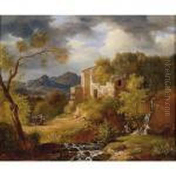 Italianate Landscape With Figures On A Path Near Ruins Oil Painting by Achille-Etna Michallon