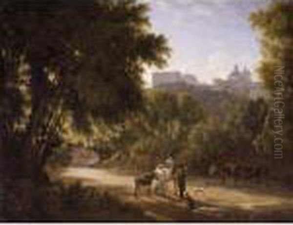 A Valley In The Alban Hills With
 Travellers On A Road, A View Of The Chigi Palace And Santa Maria 
Dell'assunta, Ariccia Beyond Oil Painting by Achille-Etna Michallon