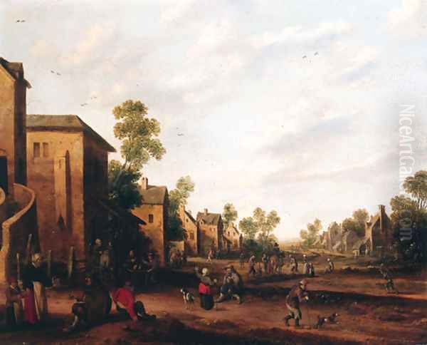 A village street with boors smoking and drinking outside an inn, beggars and travellers beyond Oil Painting by Joost Cornelisz. Droochsloot